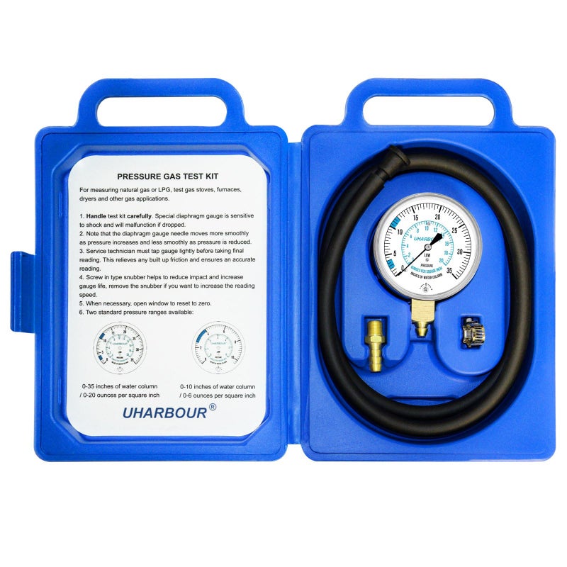 UHARBOUR Manometer Gas Pressure Tester  Manometer LP Gas Pressure Tester Gauge 0-35"" W.C  1/8"" NPT Fitting with Barbed Connection  40"" Hose - Image 1